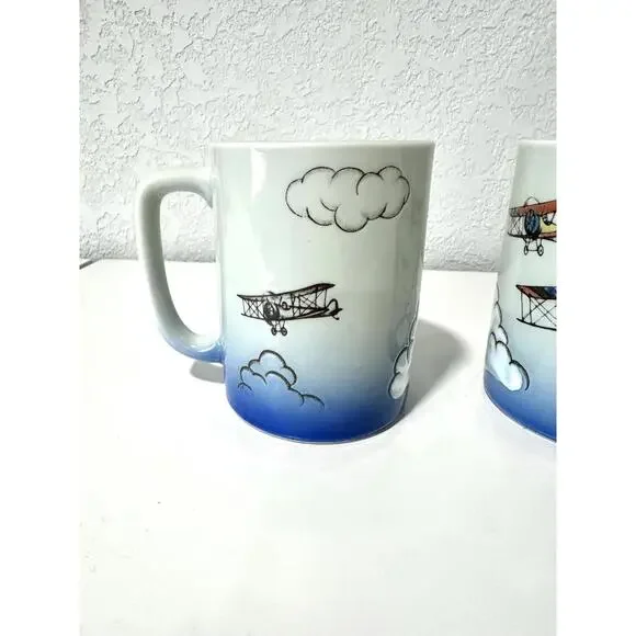 Vintage Otagiri Coffee Mugs Ceramic Biplane Design Clouds Collectible Set of 2 - Picture 2 of 9